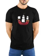 Cute Cartoon Pirate Ship Minimal Style Ocean Adventure Graphic Tee Tshirt - model wearing black tee with hands behind back