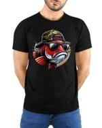 Cool Fishing Fish Wearing Sunglasses Funny Graphic Tee Tshirt - model wearing black tee with hands behind back