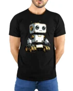 Adorable Robot on Tracks Tech Lover Graphic Tee Tshirt - model wearing black tee with hands behind back