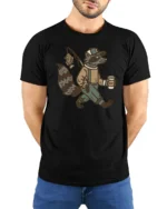 Funny Raccoon Fisherman Graphic Tee Vintage Animal Tshirt - model wearing black tee with hands behind back