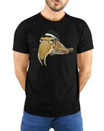 Dapper Squid with Hat and Pipe Cartoon Graphic Tee Tshirt - model wearing black tee with hands behind back