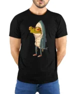 Funny Frog Shark Costume Cartoon Graphic Tee Quirky Animal Tshirt - model wearing black tee with hands behind back