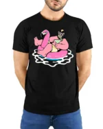 Funny Flamingo Pool Party Graphic Tee Summer Drink Cartoon Tshirt - model wearing black tee with hands behind back