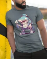 Cool Shark with Spray Can Hip Hop Cartoon Graphic Tee Tshirt - model wearing grey tee, leaning on column