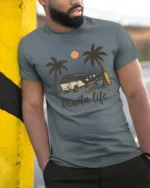 Bonita Life Beach Van Camping Sunset Vibes Graphic Tee Tshirt - model wearing grey tee, leaning on column