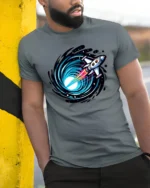 Space Rocket Warp Speed Galaxy Portal Cosmic Graphic Tee Tshirt - model wearing grey tee, leaning on column