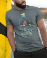 Ship In A Bottle Kraken Ocean Adventure Graphic Tee Tshirt - model wearing grey tee, leaning on column