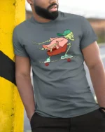 Cool Skeleton Skater Street Style Graphic Tee Tshirt - model wearing grey tee, leaning on column