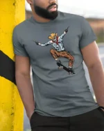 Cowboy Skeleton Skateboard Trick Western Style Graphic Tee Tshirt - model wearing grey tee, leaning on column