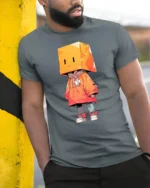 Cute Box Head Hoodie Character Streetwear Graphic Tee Tshirt - model wearing grey tee, leaning on column
