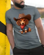 Cute Cowboy Dachshund Dog Cartoon Western Style Graphic Tee Tshirt - model wearing grey tee, leaning on column