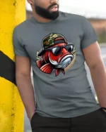 Cool Fishing Fish Wearing Sunglasses Funny Graphic Tee Tshirt - model wearing grey tee, leaning on column