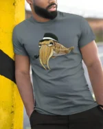 Dapper Squid with Hat and Pipe Cartoon Graphic Tee Tshirt - model wearing grey tee, leaning on column