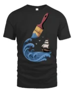 Creative Ocean Paint Brush Wave Ship Artistic Graphic T Shirt - black t-shirt on white background