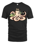 Cool Octopus Surfer with Hat and Pipe Funny Graphic Tee - black t-shirt on white background
