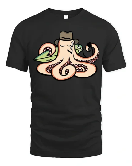 Cool Octopus Surfer with Hat and Pipe Funny Graphic Tee - black t-shirt on white background