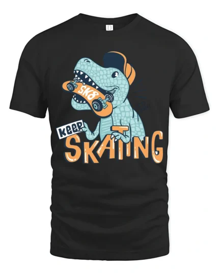 Funny Dinosaur Skater Keep Skating Graphic Soft Tshirt - black t-shirt on white background