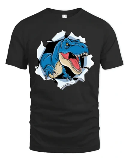 Scary Blue T-Rex Dinosaur Breaking Through Graphic Tshirt - black t-shirt on white background