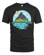 Scenic Mountain Island and Deep Sea Life Graphic Soft Tee - black t-shirt on white background