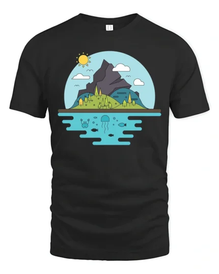 Scenic Mountain Island and Deep Sea Life Graphic Soft Tee - black t-shirt on white background