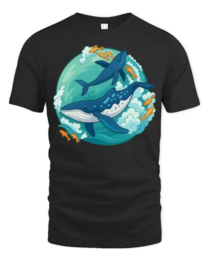 Playful Whale Dolphin Ocean Adventure Cartoon Style Tshirt - black t-shirt on white background