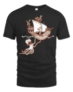 Funny Kraken Attack Pirate Ship Adventure Graphic Tshirt - black t-shirt on white background