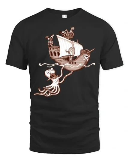 Funny Kraken Attack Pirate Ship Adventure Graphic Tshirt - black t-shirt on white background