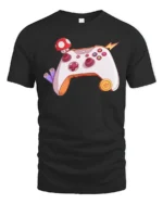 Retro Video Game Controller with Power-Up Mushroom Soft Tee - black t-shirt on white background