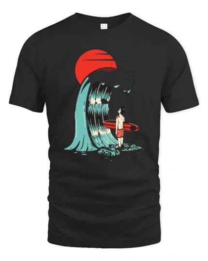 Surreal Surfer Sunset Giant Wave Graphic Soft Tshirt - black t-shirt on white background