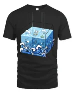 Surreal Ocean Cube Wave Cartoon Deep Sea Artistic T Shirt - black t-shirt on white background