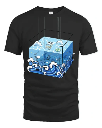 Surreal Ocean Cube Wave Cartoon Deep Sea Artistic T Shirt - black t-shirt on white background