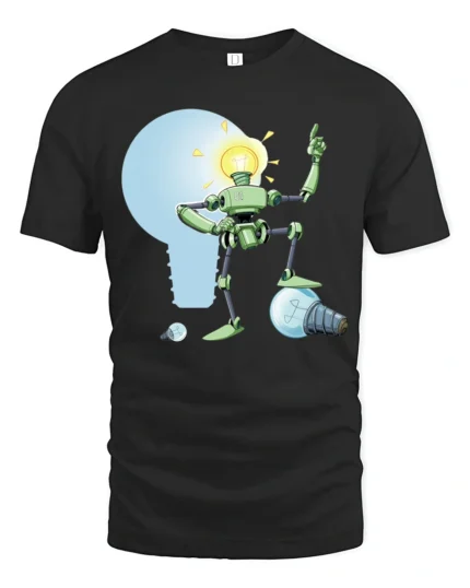 Bright Idea Robot Lightbulb Head Funny Tech Tshirt - black t-shirt on white background