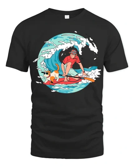 Funny Surfing Dog and Boy Summer Adventure Graphic T-shirt - black t-shirt on white background