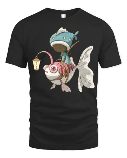 Unique Fish Taxi Driver Fantasy Art Graphic Tshirt - black t-shirt on white background