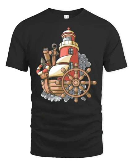 Vintage Nautical Ship Lighthouse Adventure Graphic Tshirt - black t-shirt on white background