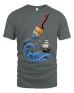 Creative Ocean Paint Brush Wave Ship Artistic Graphic T Shirt - gray t-shirt on white background