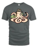 Cool Octopus Surfer with Hat and Pipe Funny Graphic Tee - gray t-shirt on white background