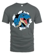 Scary Blue T-Rex Dinosaur Breaking Through Graphic Tshirt - gray t-shirt on white background