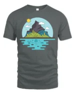 Scenic Mountain Island and Deep Sea Life Graphic Soft Tee - gray t-shirt on white background