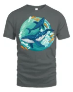 Playful Whale Dolphin Ocean Adventure Cartoon Style Tshirt - gray t-shirt on white background