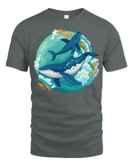 Playful Whale Dolphin Ocean Adventure Cartoon Style Tshirt - gray t-shirt on white background
