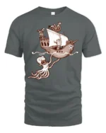 Funny Kraken Attack Pirate Ship Adventure Graphic Tshirt - gray t-shirt on white background