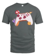 Retro Video Game Controller with Power-Up Mushroom Soft Tee - gray t-shirt on white background
