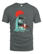 Surreal Surfer Sunset Giant Wave Graphic Soft Tshirt - gray t-shirt on white background