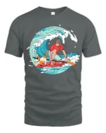 Funny Surfing Dog and Boy Summer Adventure Graphic T-shirt - gray t-shirt on white background