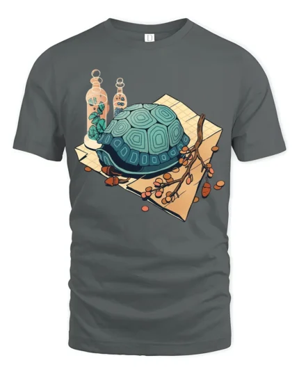 Whimsical Garden Turtle and Botanical Glass Vials Tshirt - gray t-shirt on white background