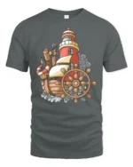 Vintage Nautical Ship Lighthouse Adventure Graphic Tshirt - gray t-shirt on white background