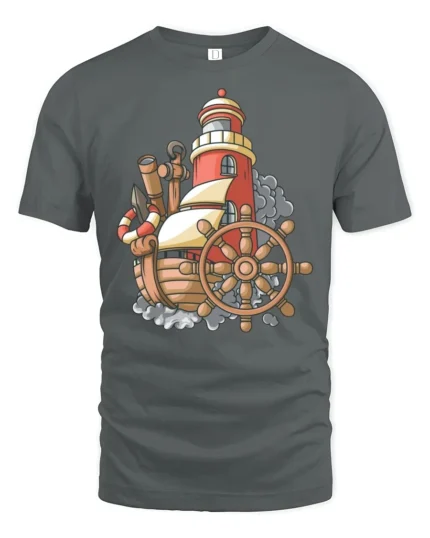 Vintage Nautical Ship Lighthouse Adventure Graphic Tshirt - gray t-shirt on white background
