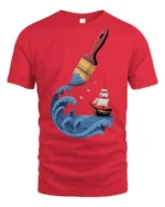 Creative Ocean Paint Brush Wave Ship Artistic Graphic T Shirt - red t-shirt on white background