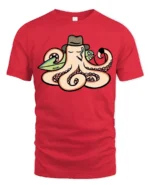 Cool Octopus Surfer with Hat and Pipe Funny Graphic Tee - red t-shirt on white background